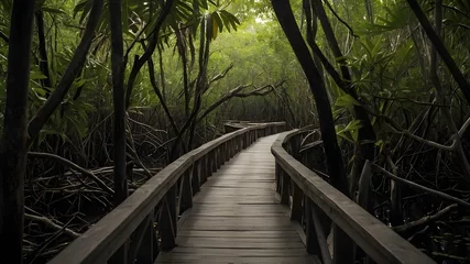 Deurstickers Wooden Bridge Paths Through Lush Forest Landscapes." © Ali Khan