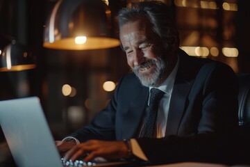 Successful satisfied businessman at workplace, boss in business suit typing on laptop keyboard, financier smiling, preparing sales report, experienced, Generative AI