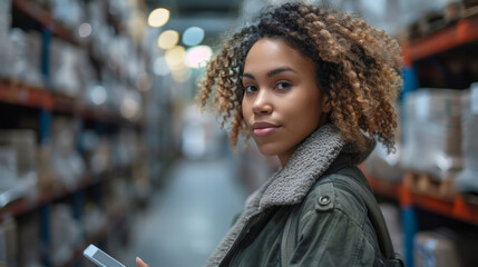 Female warehouse worker checking shipping labels against an inventory list on a digital tablet. Woman doing stock control using warehouse management software in a distribution centre.