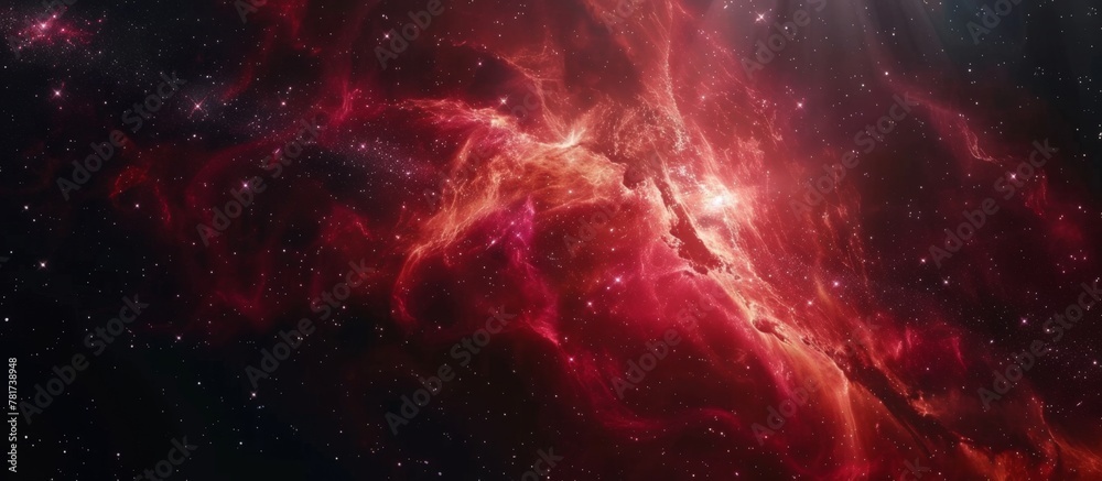 Wall mural red nebula filled with stars and illuminated by a brilliant light passing through, creating a surrea