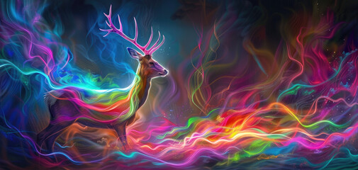 A beautiful deer with long antlers against a colorful and vibrant background in the style of trippy artwork 