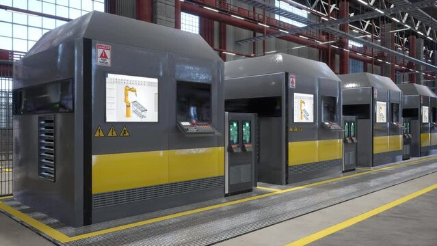 Rows of machines with control panels and touchscreens in automated factory, 3D animation. Electrical mechanism equipment used for automatization processes in industrial plant