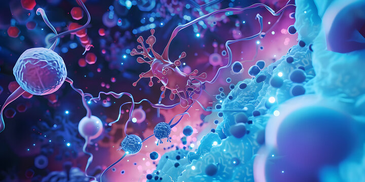 A visual representation of how a new biologic therapy works, showing its mechanism of action,  Explore Cell and Neural Networks, Advanced Biological Imaging: Illuminating the Microscopic World