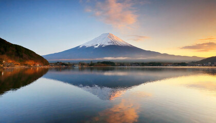 Fototapeta na wymiar mountain Fuji at dawn with peaceful lake reflection 