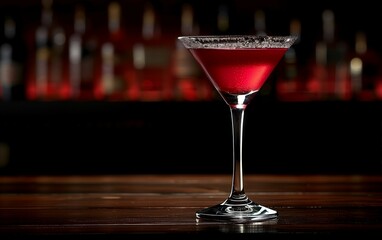 Red cocktail in martini glass with garnish on dark bar background,closeup,copy space,lifestyle.