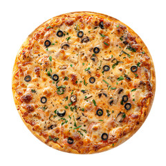 Pizza on a white background, Round full pizza , cheese loaded pizza