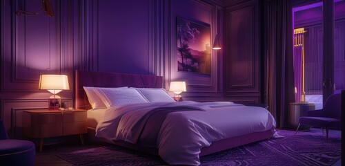 Intimate setting, jewel-toned bed, gently lit in warm ambiance with a touch of violet, against timeless minimalist architecture. - obrazy, fototapety, plakaty