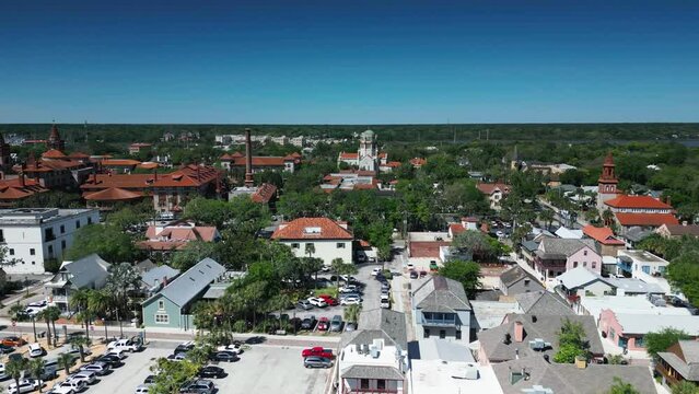 A drone shot of the Spanish quarter showing off an old church and an old smokestack in St Augustine Florida