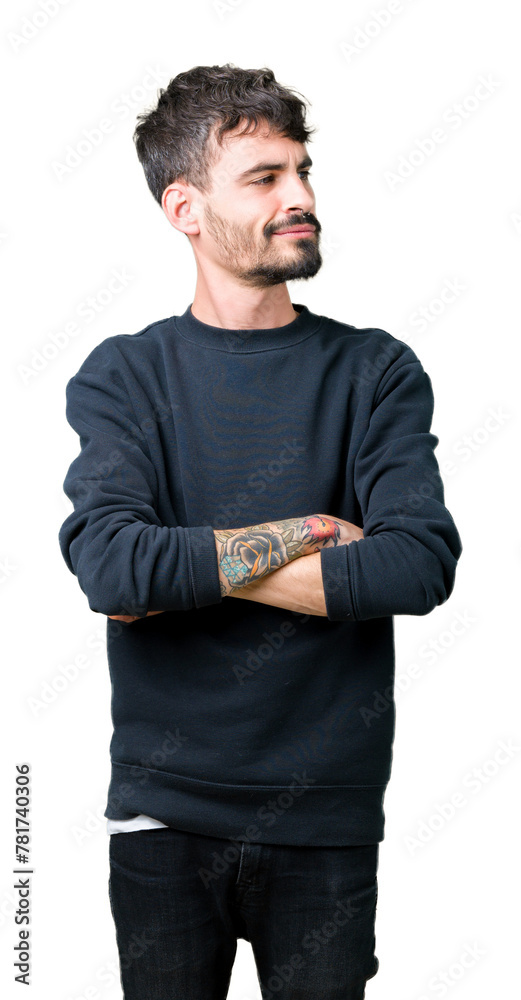 Poster Young handsome man over isolated background smiling looking to the side with arms crossed convinced and confident