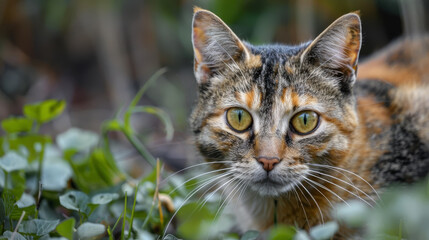 A calico cat exploring a the outdoors while walking among weeds, grass and clover.