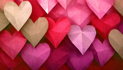 Heart shaped paper art background, red, pink, and beige, Happy Valentine's Day banners.