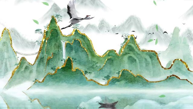China's traditional, Chinese painting ink in the mountains with flowers, tree, birds, and river in fog background artwork. Chinese landscape, scenery artwork, misty mountains, Chinese painting style