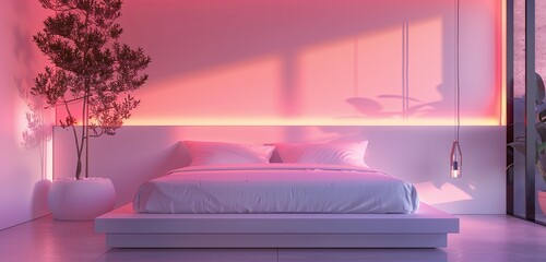 Sophisticated ambiance, plush bed in soft pink lighting, against elegant minimalist architecture.