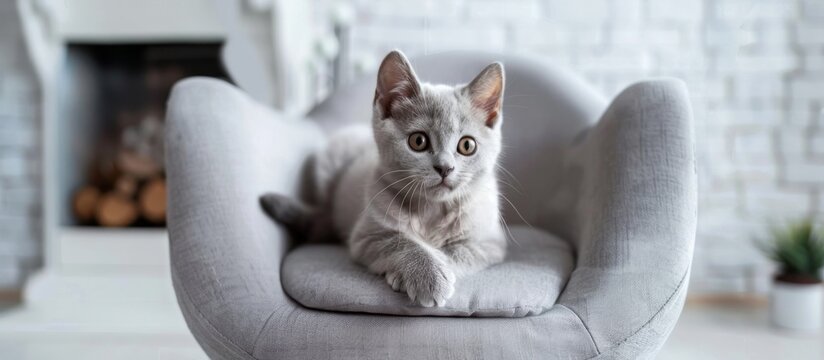 A cute furry cat peacefully perched on a wooden chair inside a cozy room with a soft cushion