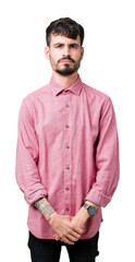 Young handsome man wearing pink shirt over isolated background depressed and worry for distress, crying angry and afraid. Sad expression.