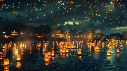 In the dark night, hundreds of floating lanterns float on the water surface, creating an atmosphere full of mystery and romance, with the sky filled with glowing lights.