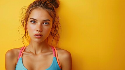 Fototapeta premium A young girl in a blue swimsuit on a yellow background.