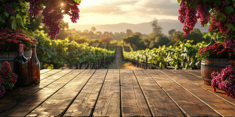 A wooden counter in a vineyard field with a wine glass backdrop is ready for display, banners, or...