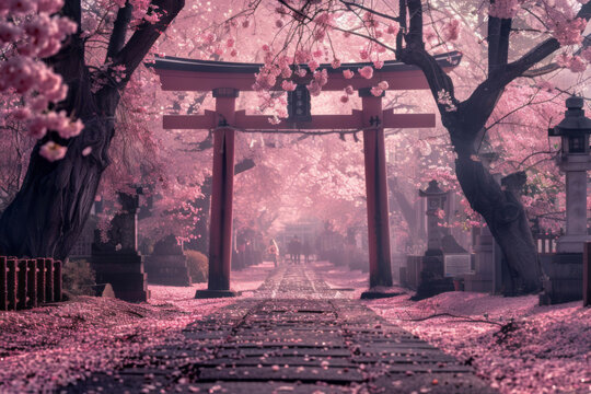 A gate with pink trees in the backdrop, a walking path with people, and pink petals covering the ground.