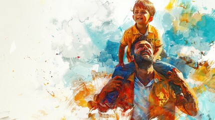 A happy dad with a beard holds his baby on his shoulders.