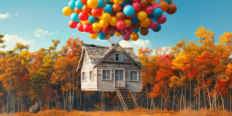 A house, suspended in the air by colorful balloons, floats against a backdrop of autumn trees. - obrazy, fototapety, plakaty