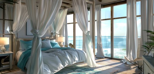 Coastal-themed canopy bed with billowing white curtains in oceanic blues and greens, a seaside retreat.