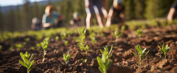 People were planting trees in the forest, with a closeup shot showing young tree seedlings growing...