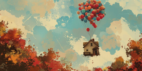 A house, lifted by colorful balloons, floats in the air in front of an autumn landscape.
