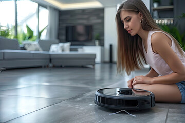 The girl monitors the work of the robot vacuum cleaner to clean the room.
