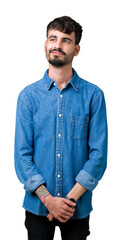 Young handsome man over isolated background smiling looking side and staring away thinking.