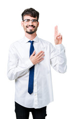 Young handsome business man wearing glasses over isolated background Swearing with hand on chest and fingers, making a loyalty promise oath