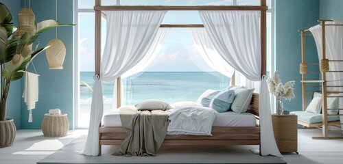 Coastal-themed canopy bed with billowing white curtains in oceanic blues and greens, a seaside retreat. - obrazy, fototapety, plakaty