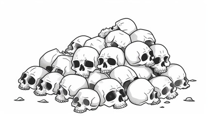 Piles of cartoon skulls and bones black and white, isolated on white background