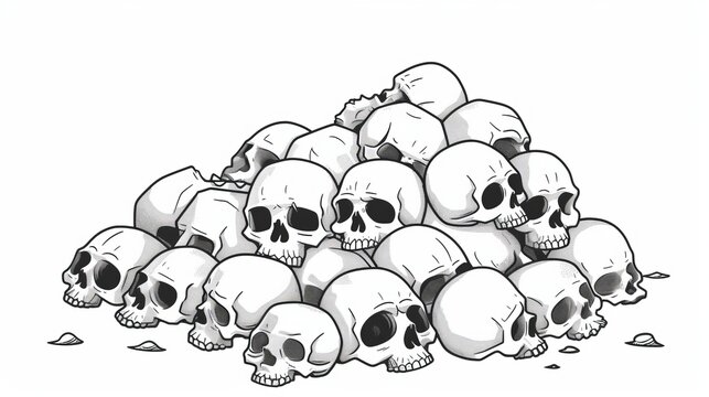 Piles of cartoon skulls and bones black and white, isolated on white background