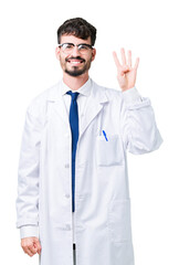 Young professional scientist man wearing white coat over isolated background showing and pointing up with fingers number four while smiling confident and happy.