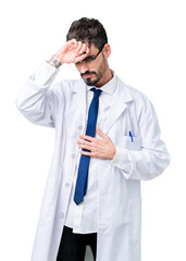 Young professional scientist man wearing white coat over isolated background Touching forehead for illness and fever, flu and cold, virus sick