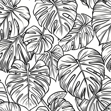 Seamless tropical monstera leaf pattern, perfect for fabric, wallpaper, and wrapping paper designs, with a modern black and white aesthetic.