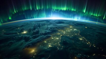 Aurora Borealis seen from space above Earth's nighttime surface. - obrazy, fototapety, plakaty