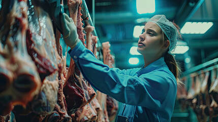 A young female worker in a meat processing factory is inspecting fresh raw meat hanging in a cold room. Check the temperature of the beef carcass.