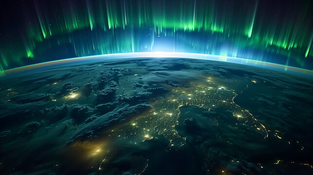 Aurora Borealis seen from space above Earth's nighttime surface.