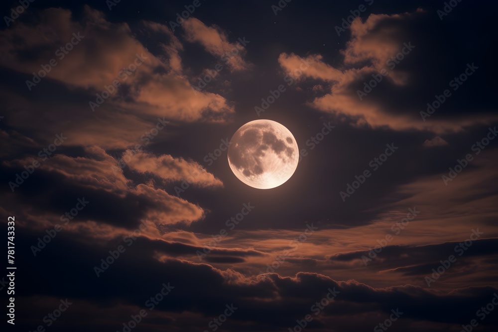 Wall mural lunar eclipse in sky with clouds, full view of lunar moon eclipse in cloudy sky