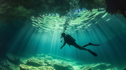 Scuba diver exploring a clear underwater cavern. - obrazy, fototapety, plakaty