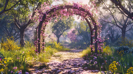 Colorful Garden Path, Blossoming Flowers and Green Archway, Serene Nature Walk, Summer Beauty Unfolds