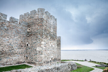 Panorama of the Ram fortress during a cloudy dusk sunset in winter over the danube river. Also called Ramska Tvrdjava, it's a medieval ottoman castle overlooking the danube in Serbia.