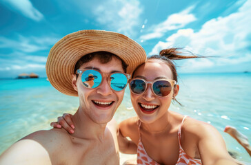 A young couple taking selfie at tropical beach on vacation, wearing sun hats and sunglasses while having fun together in summer holiday trip