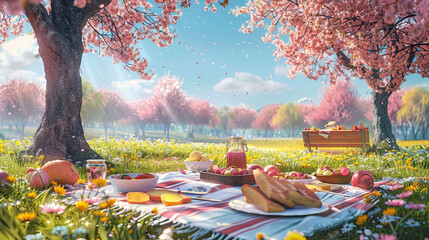 An image depicting a joyful spring picnic scene in a blooming park, with a spread of seasonal delights under a clear blue sky, evoking the leisure and pleasure of springtime outings. - obrazy, fototapety, plakaty
