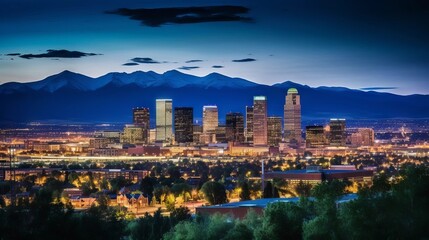 Fototapeta premium Midnight Majesty: A Citys Glow Beneath Mountain Peaks. Generative AI