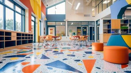 Stepping into a classroom one immediately notices the bright and playful terrazzo flooring designed with a variety of geometric shapes and colors. This lively aesthetic creates a fun . - obrazy, fototapety, plakaty