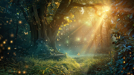 An image depicting a magical moment in an enchanted forest, where the natural world seems alive with mystical creatures and ethereal light, inviting the viewer into a world of wonder and fantasy.
