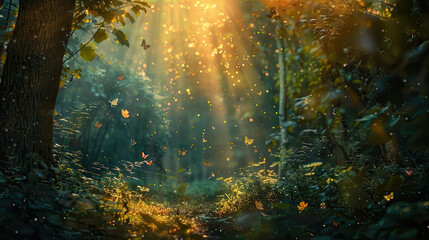 Fototapeta na wymiar An image depicting a magical moment in an enchanted forest, where the natural world seems alive with mystical creatures and ethereal light, inviting the viewer into a world of wonder and fantasy.